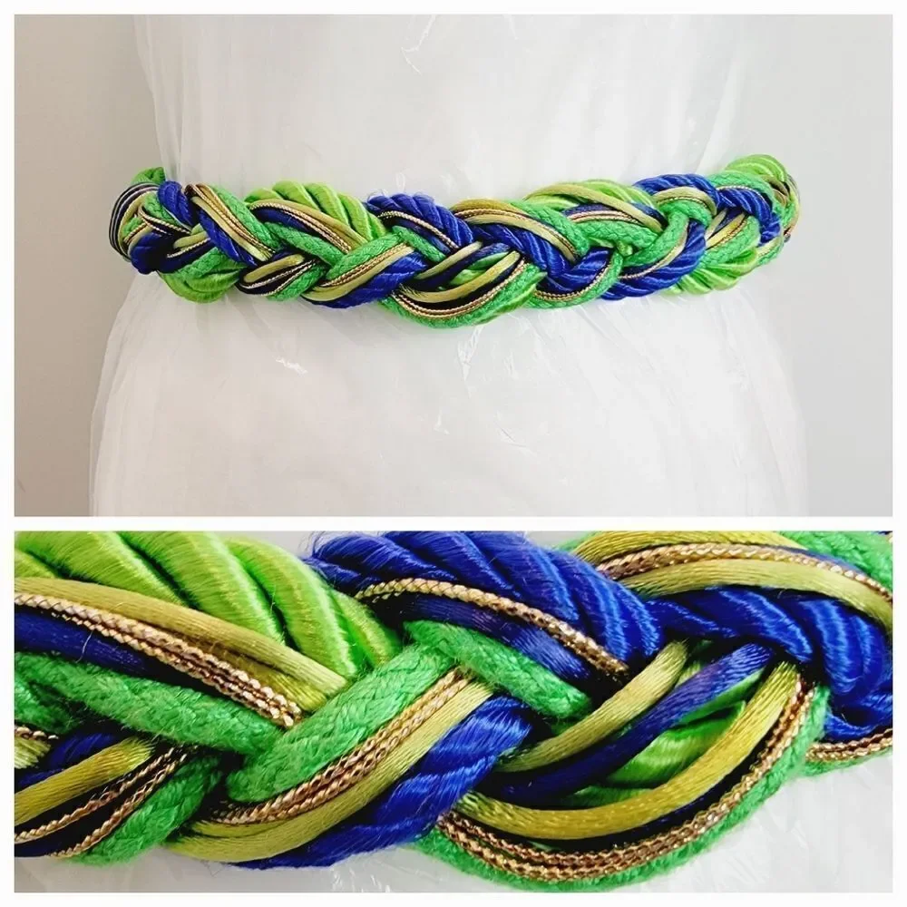 Vintage 80s Style Green Blue Braided Fabric Adjustable Belt 37